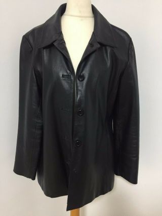 Vintage 90s Black Leather Long Line Jacket Coat Hipster Rock Medium Uk 10 - 14