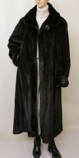 Real Mink Fur Saga Nearly Black Brown 52” Long Swing Coat 12 - 14 - 16 Uk/ Xl