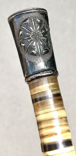 Vintage Antique 1800’ Stacked Horn Sterling Silver Swagger Walking Stick Cane