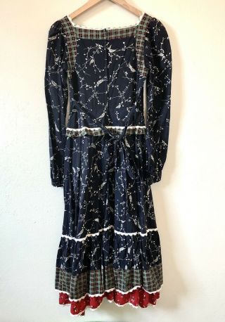 Vtg Gunne Sax Black Floral Plaid Tiered Peplum Corset Prairie Cottagecore Dress 6