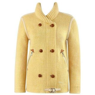 Courreges C.  1980’s Yellow Knit Double Breasted Leather Cardigan Sweater Jacket