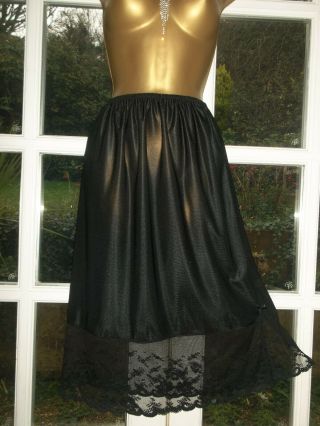 Vtg 80s Slinky Sheer Black Nylon Stunning Lacy Half Slip Petticoat Uk16 - 18 L/xl