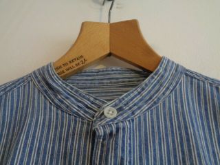 Vtg Indigo Blue White Striped Cotton Grandad Worker Chore Work Shirt