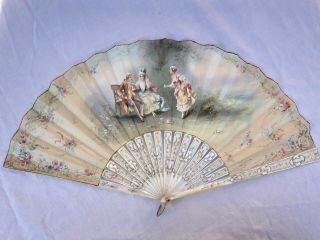 Vintage Tiffany & Co France Hand Fan Painted Lovers Mop & 14k Solid Gold Signed