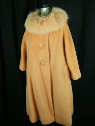 Lilli Ann Vtg 60s Peach Cashmere Swing Mod Coat W/real Fox Fur Collar - Bust 48/l