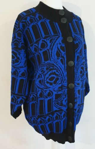 Vintage Retro 80 ' s Blue & Black Knit Longline Cardigan - Spade Design - UK 18 - 20 2