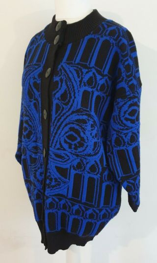 Vintage Retro 80 ' s Blue & Black Knit Longline Cardigan - Spade Design - UK 18 - 20 3