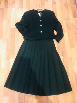 Vintage Viyella 2 Piece Skirt Suit - Wool - Vgq Size 14 Green