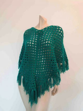 Jade Green Hand Crocheted Poncho With Fringe - Wool - 1970s
