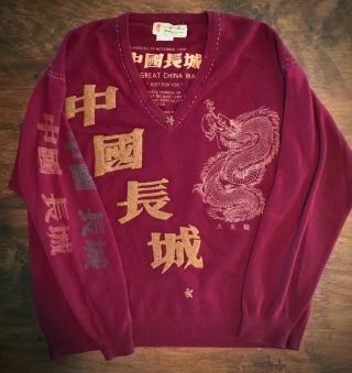 Rare Vintage 90s 100 Cashmere Hand Embroidered Great Wall China Dragon Sweater