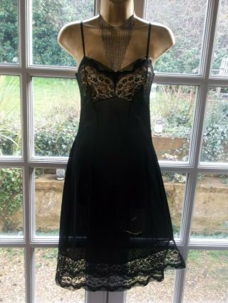 Vtg 1960s Black Sheer Nylon Stunning Deep Delicate Lace Full Slip Petticoat 34 "