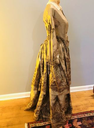 Civil War 1860’s Antique Victorian Gray Silk Brocade Pagoda Sleeve Wedding Dress