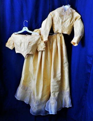 Antique 1840s/1860s Civil War Yellow Silk Dress Ballgown 2 Bodices Exc Cond Rare