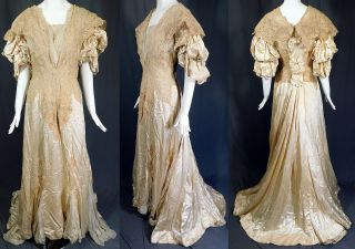 Victorian Brussels Rose Point Duchesse Bobbin Lace Silk Wedding Gown Dress Vtg