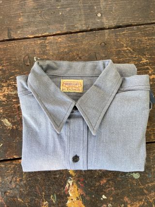 Vintage Mens 1940’s 50’s Nos Headlight Workwear Shirt Size 15 Deadstock Chambray
