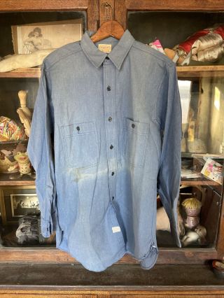 Vintage Mens 1940’s 50’s NOS Headlight Workwear Shirt Size 15 Deadstock Chambray 2