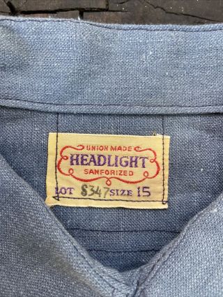 Vintage Mens 1940’s 50’s NOS Headlight Workwear Shirt Size 15 Deadstock Chambray 3
