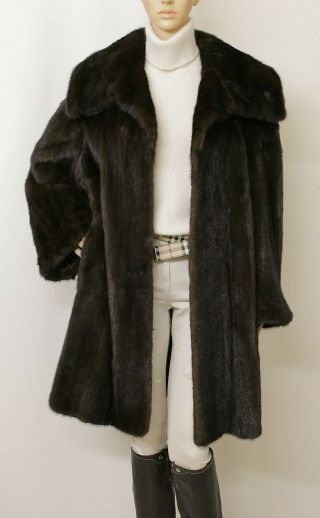 Real Mink Fur Saga Nearly Black Brown Swing Coat 12 - 14 - 16 Uk / Xl Visone Nerz