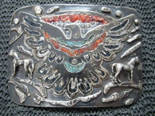 Sterling Silver Eagle Horses Turquoise Coral Inlaid Belt Buckle Jd Graham 86g