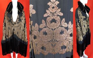 Vintage 1920s Art Deco Black Silk Gold Lame Flapper Fringe Shawl Cloak Cape