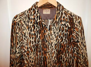 Vintage 50s Rockabilly Mens Leopard Velvet Knit Novelty Print Loop Collar Shirt