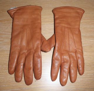 Ladies Vintage Tan Leather Driving Gloves Rabbit Fur Lined S - M