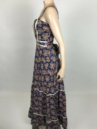 VINTAGE 70 ' s GUNNE SAX WOMEN ' S Dress 7 Blue Cotton Floral Maxi Festival Oo16 3