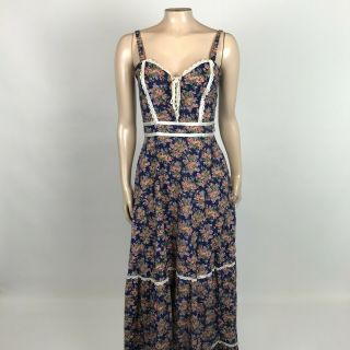 VINTAGE 70 ' s GUNNE SAX WOMEN ' S Dress 7 Blue Cotton Floral Maxi Festival Oo16 6
