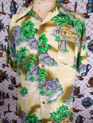 Vintage 1960s 70s Green Short Sleeve Rayon " El - Mior " Island Beach Resort Shirt L