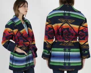 Vtg Pendleton Coat Southwestern Rainbow Wool Blanket Belted Shawl Collar Jacket