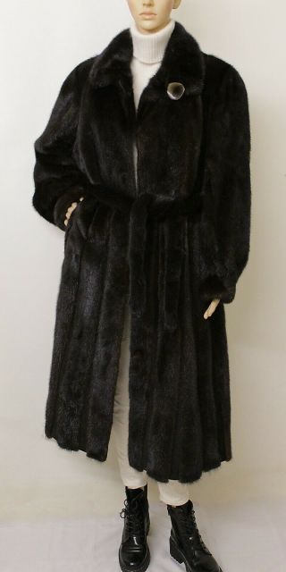 Real Mink Fur Saga Nearly Black Brown Belt Long Coat Swing 14 - 16 - 18 Uk / Xxl