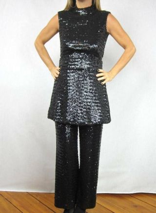 Victor Costa 1960s Black Mod Sequin Tunic Mini Dress Pant Suit