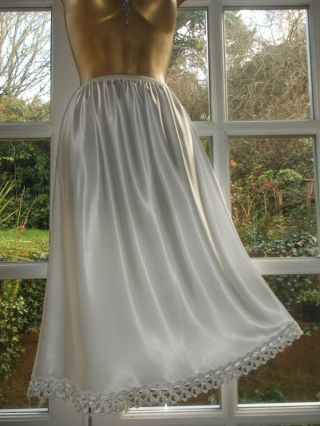 Vintage 80s Slinky Liquid Satin Embroidered Half Slip Petticoat Skirt Uk16 - 18