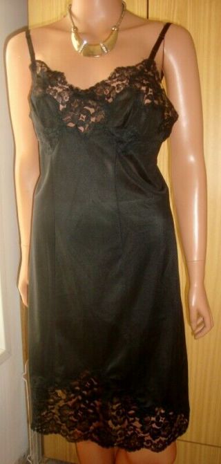 Vintage Kayser Black Silky Jersey Bri Nylon & Deep Lace Full Slip Petticoat 34