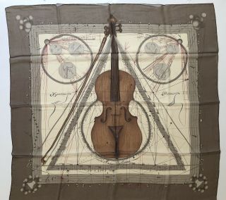 Hermes Elegant " Musique Des Spheres " Violin In Beige Taupe 90x90cm Chiffon Scarf