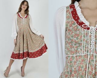 Vtg 70s Calico Country Dress Floral Folk Prairie Corset Eyelet Lace Pockets Mini