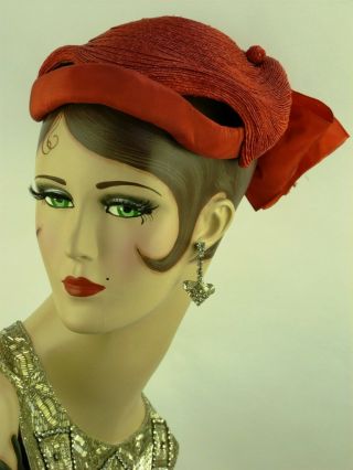 Vintage Hat 1950s French,  Jacques Fath,  Red Day Hat W Red Silk Bows & Hat Pins