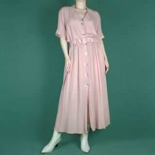 Vintage 90s Grunge Pink Pastel Crinkle Belt Long Maxi Pattern Dress 10 12 S M