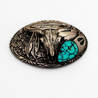 Piaso Steer Skull Turquoise Belt Buckle Oval Form Sterling Silver 1980s