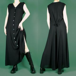 Vintage 80s 90s Grunge Maxi Boho Goth Long Black Tie Bow Womens Dress M 12 14