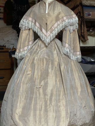 Rare Civil War 3 Piece Silk Stripe Ball Gown With Lavender Snd Silver Accents