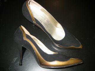 Vtg 1950s 60s Christian Dior & Roger Vivier Black Sude Patent Couture Heels Sz 6