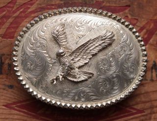 Vintage Sss Hand Made Engraved Sterling Silver Eagle Western Belt Buckle