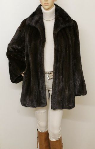 Real Mink Fur Saga Nearly Black Brown Swing Jacket Coat 8 - 10 - 12 - 14 Uk / L Visone