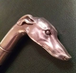 Vintage Solid Sterling Silver Cane Walking Stick,  Lovely Greyhound Dog Head 925