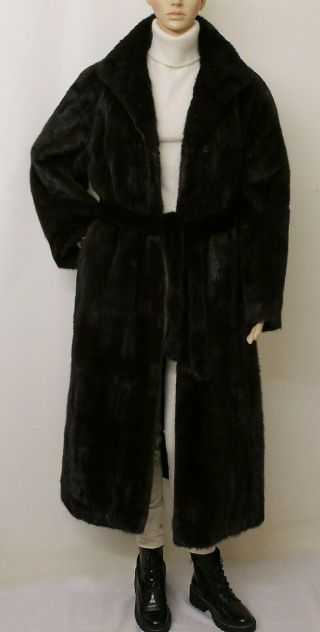 Real Mink Fur Saga Nearly Black Brown Belt Long Coat Swing 14 - 16 Uk / Xl Visone