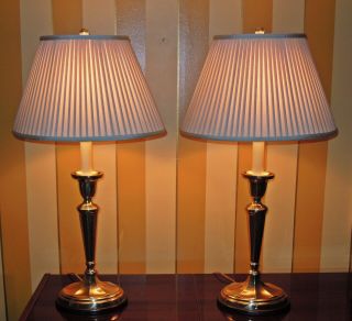 Vtg Pair 2 Frederick Cooper Oval Solid Brass Candlestick Lamps Shades