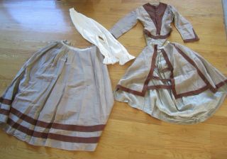 Antique Victorian Civil War Black Day Dress Skirt Jacket Cotton Silk Gold Brown