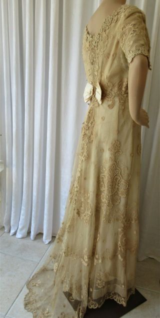 Antique Edwardian French Tambour Net Lace Wedding Dress W/train.  M/l