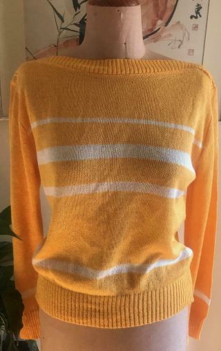 Vintage Bold Yellow White Striped Light Acrylic Knit Top Jumper 8 10 12